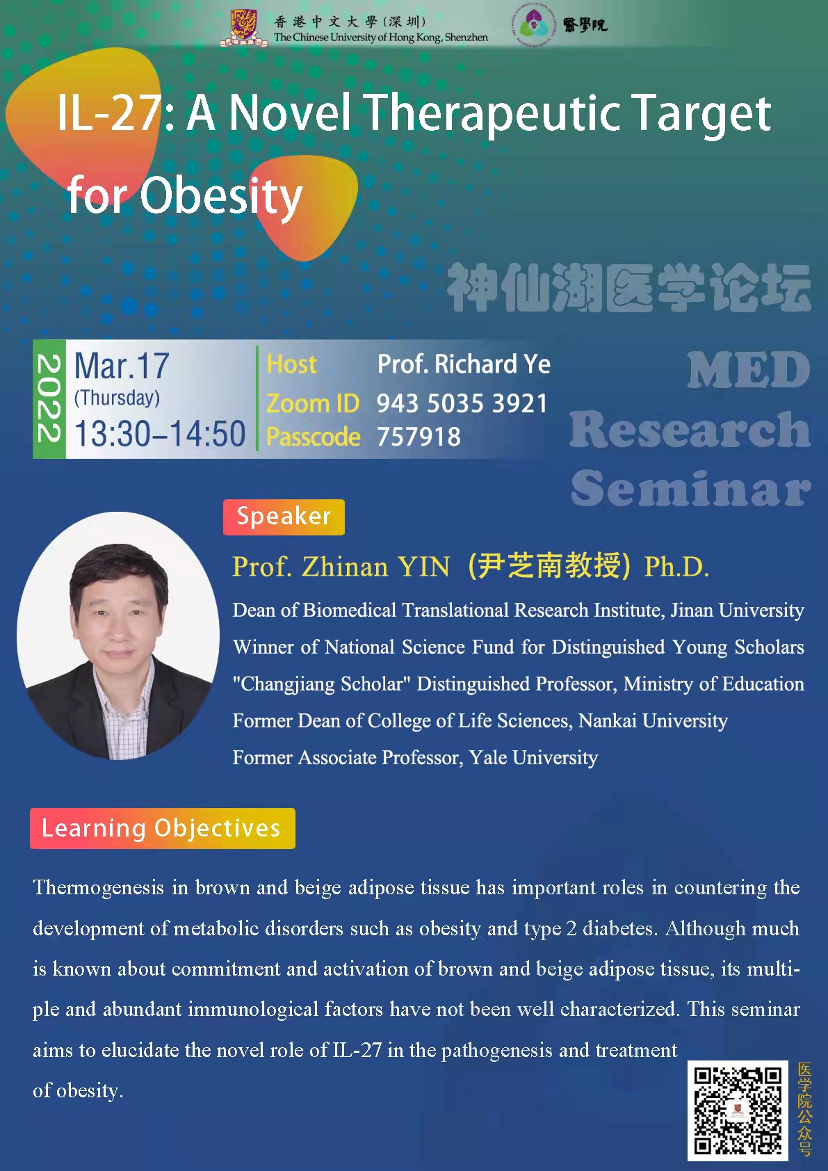 CUHK(SZ) Seminar: IL-27—A Novel Therapeutic Target for Obesity